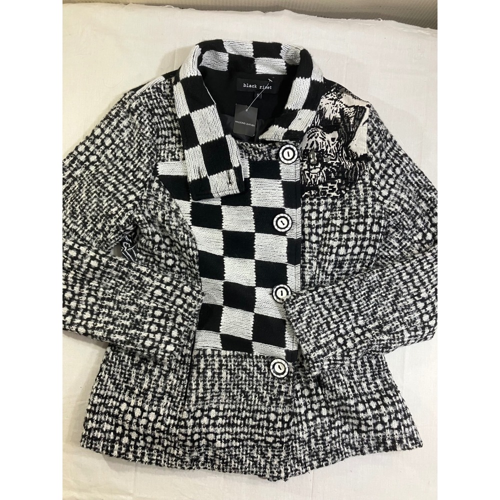 Black Rivet Mixed‎ Media Patchwork Jacket Black White Checkerboard Tweed W1845 S